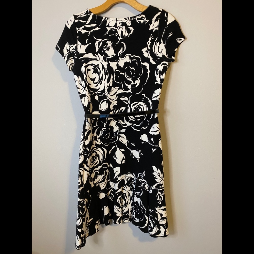 Belted floral print midi dress with flounce hem